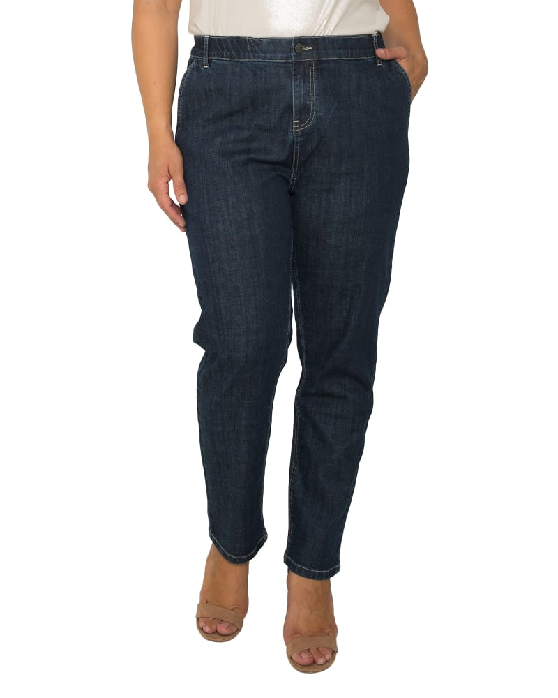 Front of a model wearing a size 14 Carmen Slim Straight Jeans in Medium Blue by Standards & Practices. | dia_product_style_image_id:275723